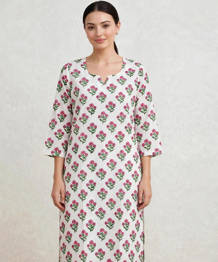 Pink white hand block printed pure cotton kurti