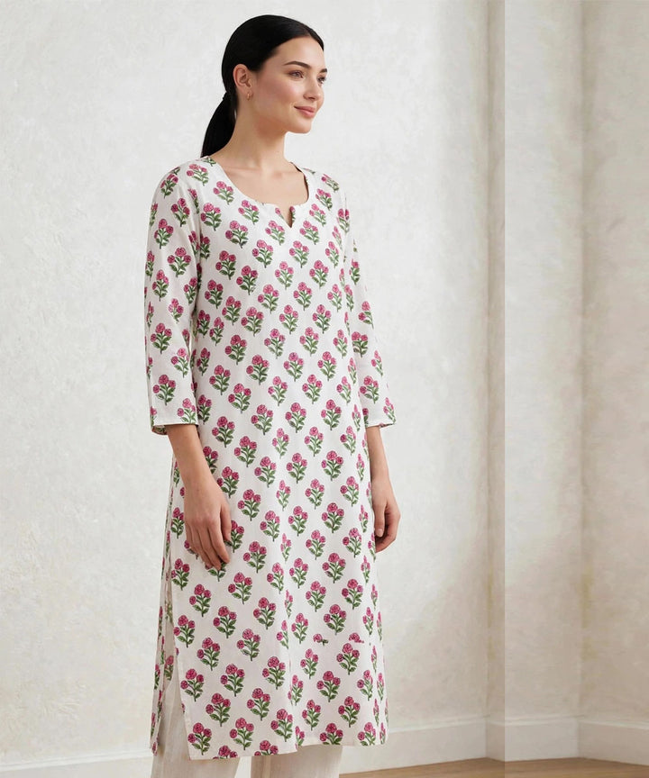 Pink white hand block printed pure cotton kurti