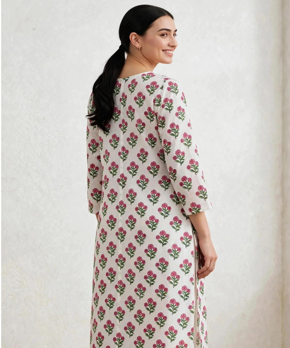Pink white hand block printed pure cotton kurti