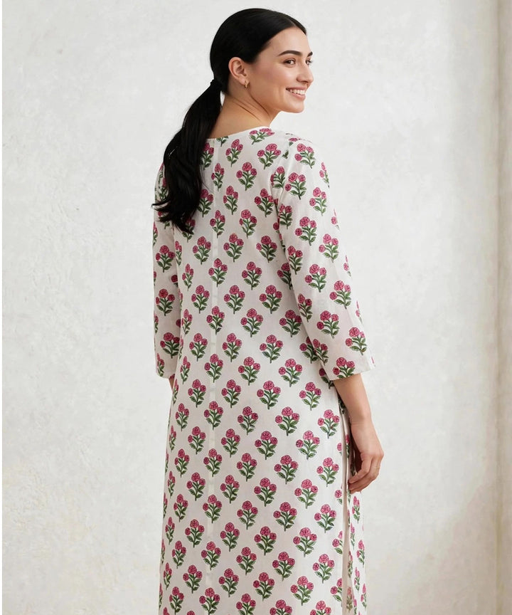 Pink white hand block printed pure cotton kurti