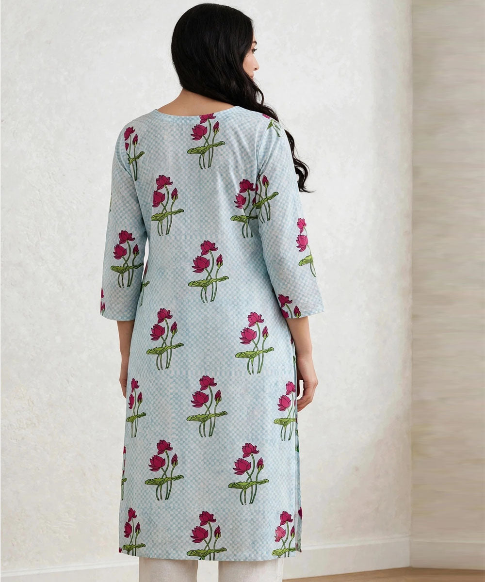 Aqua blue red lotus hand block printed pure cotton kurti