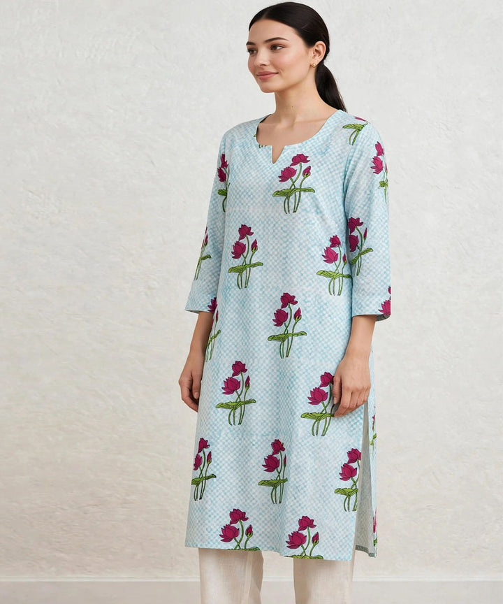Aqua blue red lotus hand block printed pure cotton kurti
