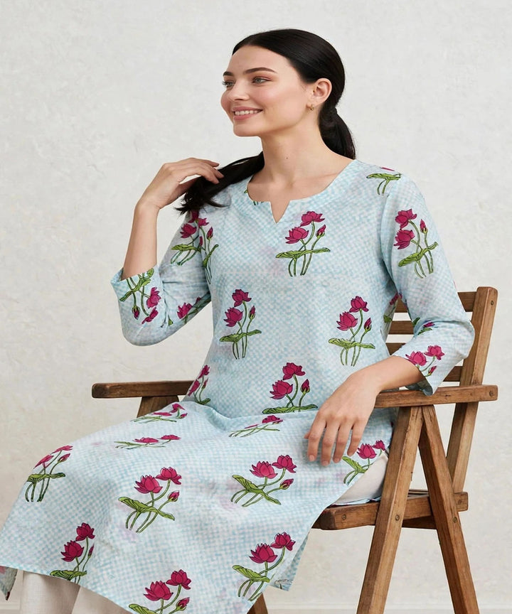 Aqua blue red lotus hand block printed pure cotton kurti