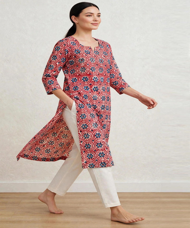 Red blue ajrakh hand block printed pure cotton kurti