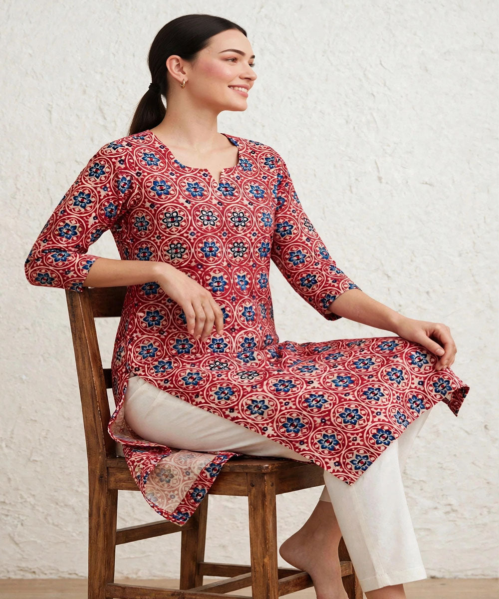 Red blue ajrakh hand block printed pure cotton kurti