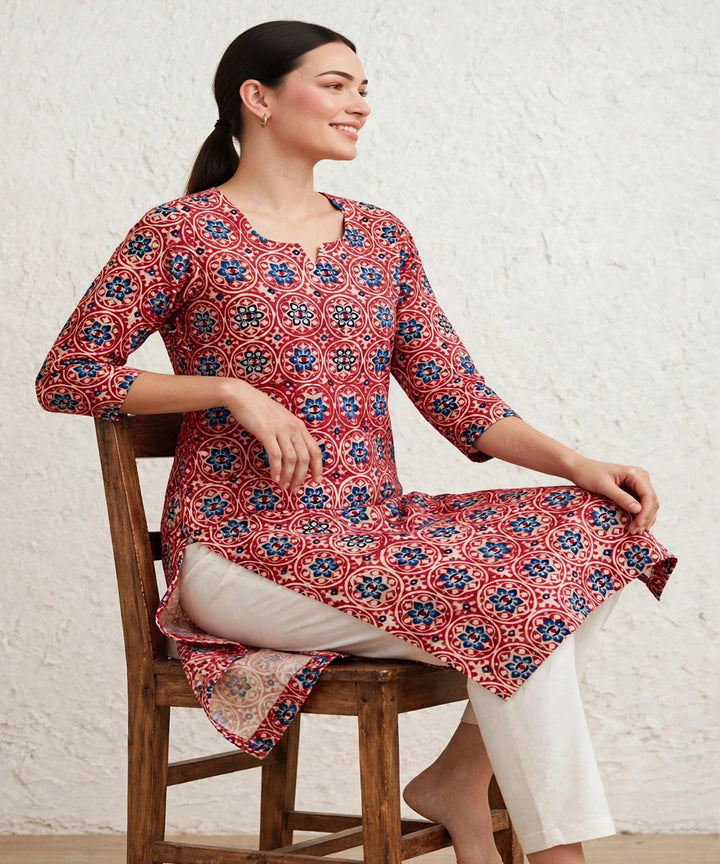 Red blue ajrakh hand block printed pure cotton kurti