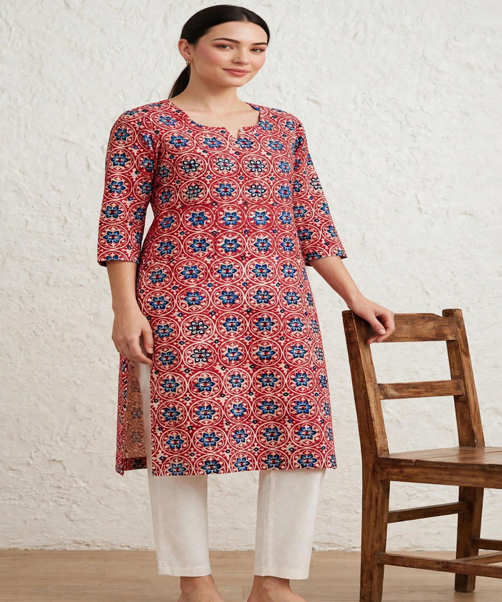Red blue ajrakh hand block printed pure cotton kurti