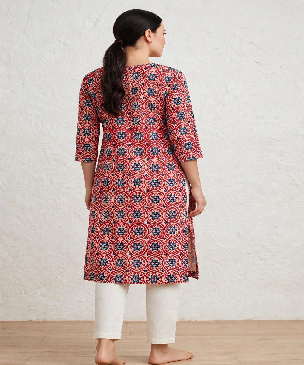 Red blue ajrakh hand block printed pure cotton kurti