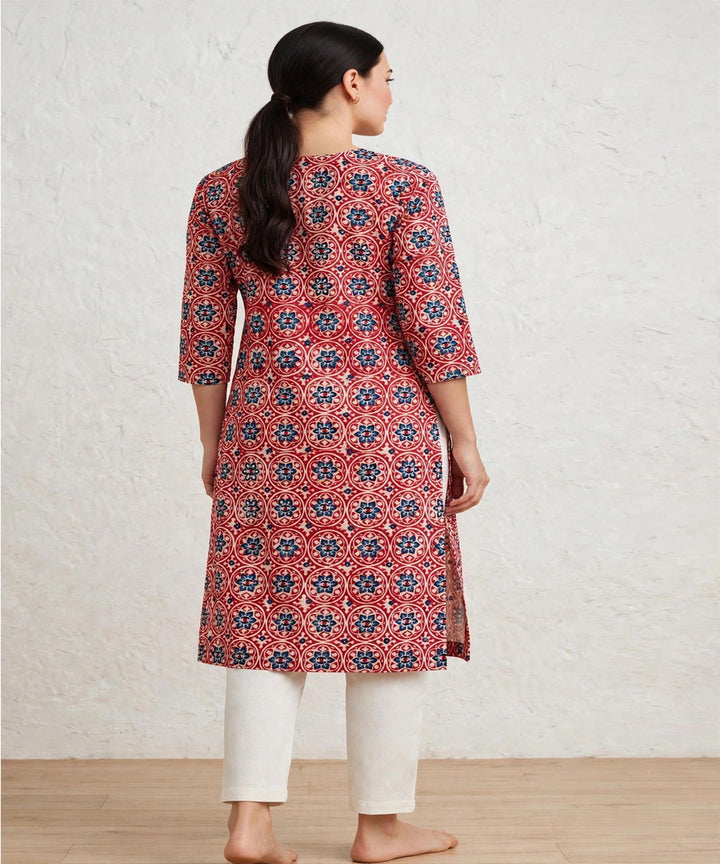 Red blue ajrakh hand block printed pure cotton kurti