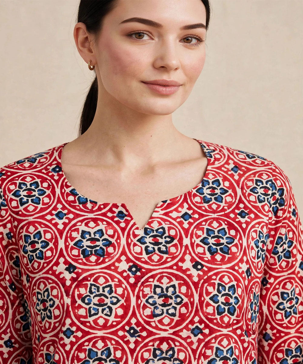 Red blue ajrakh hand block printed pure cotton kurti