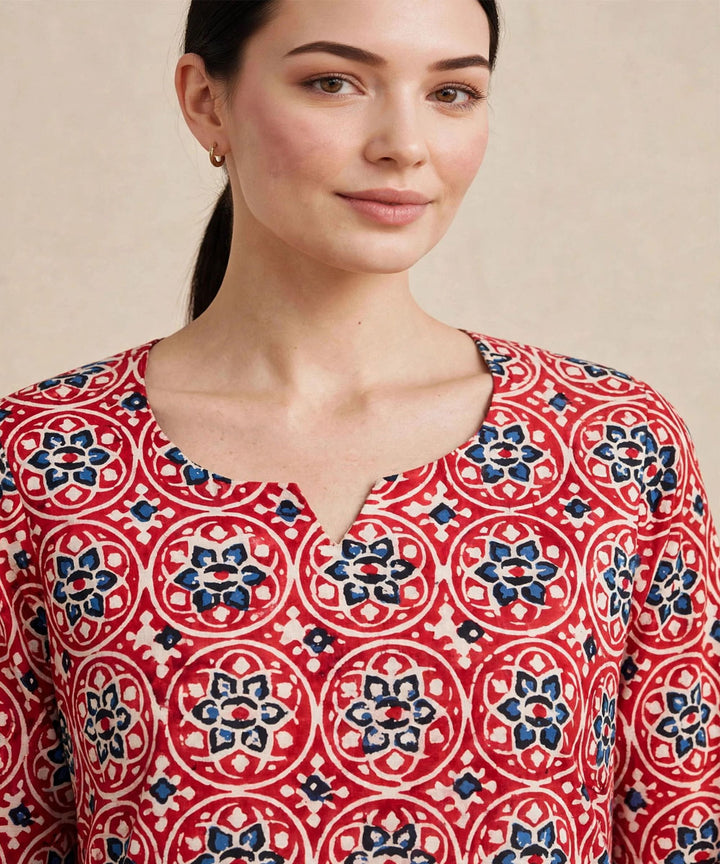 Red blue ajrakh hand block printed pure cotton kurti