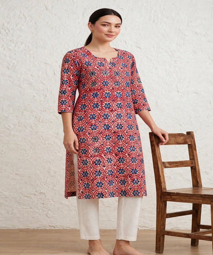 Red blue ajrakh hand block printed pure cotton kurti