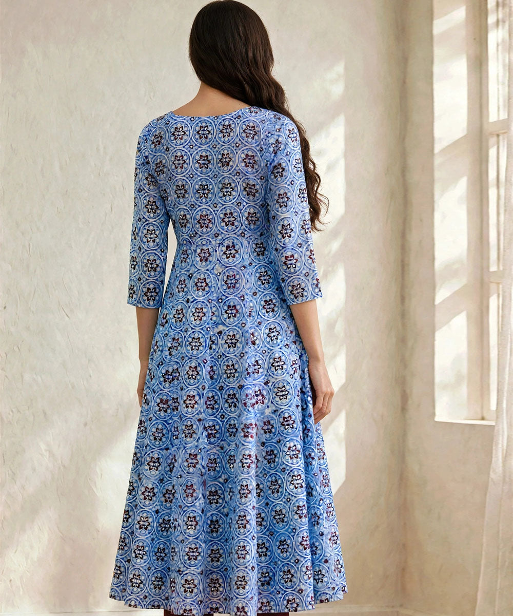 Aqua blue marron ajrakh hand block printed pure cotton kurti