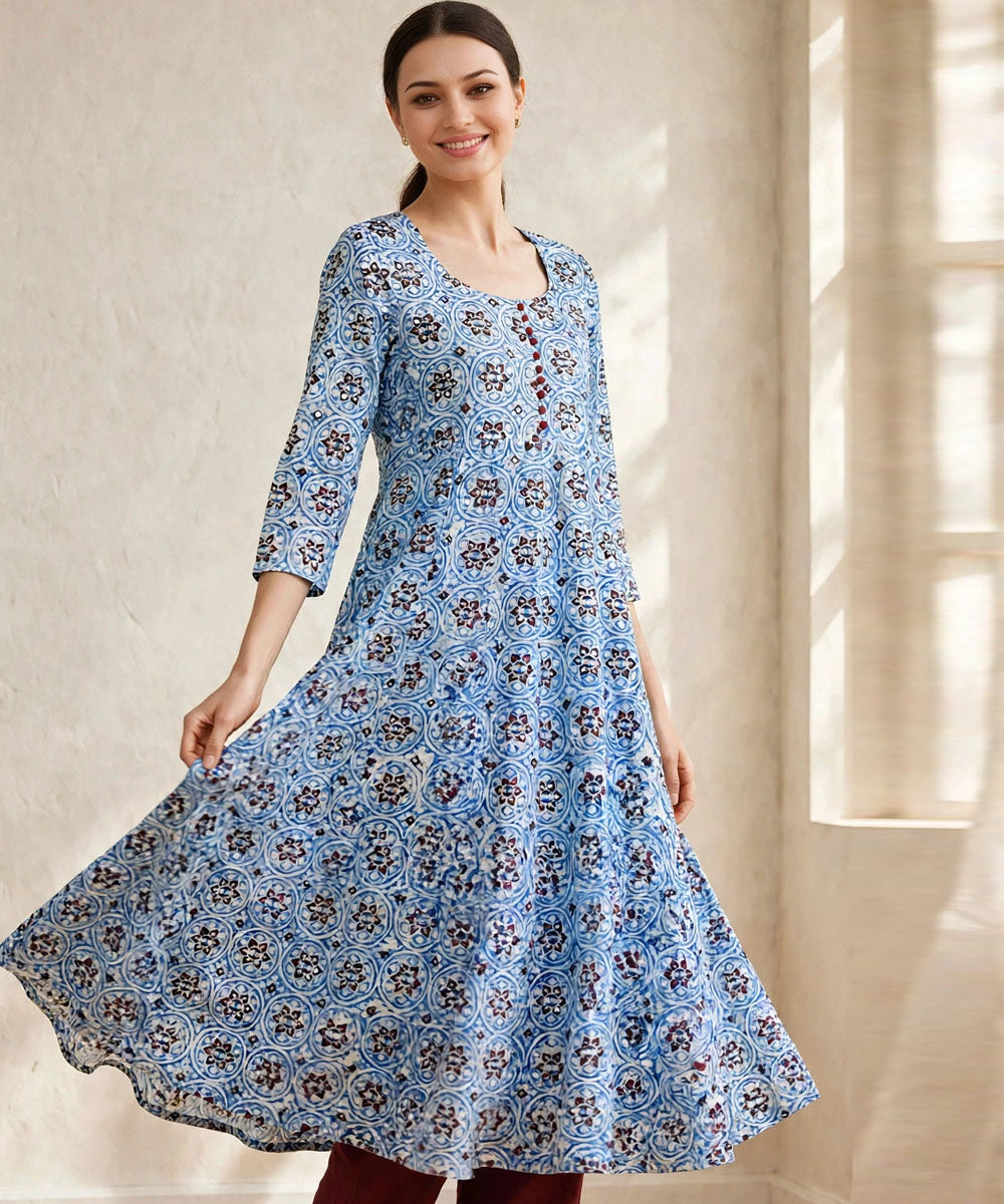 Aqua blue marron ajrakh hand block printed pure cotton kurti