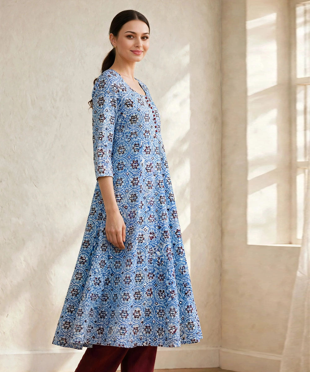 Aqua blue marron ajrakh hand block printed pure cotton kurti