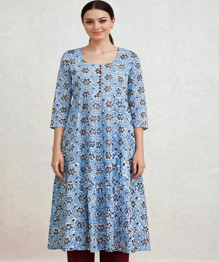 Aqua blue marron ajrakh hand block printed pure cotton kurti