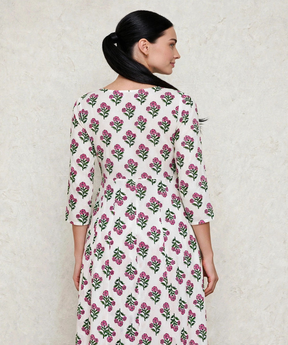 Pink white hand block printed Anarkali cotton Kurta set