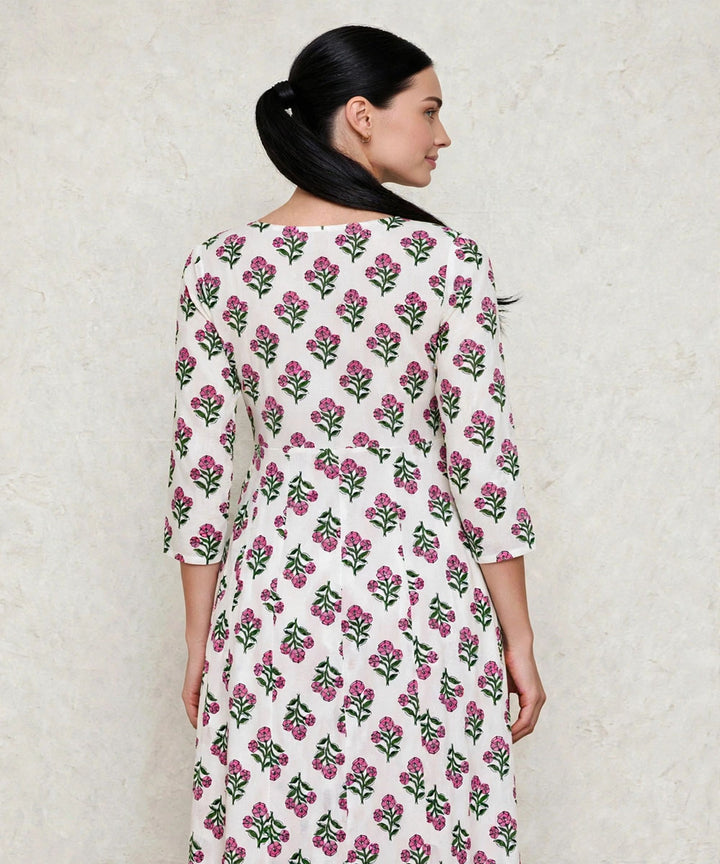 Pink white hand block printed Anarkali cotton Kurta set
