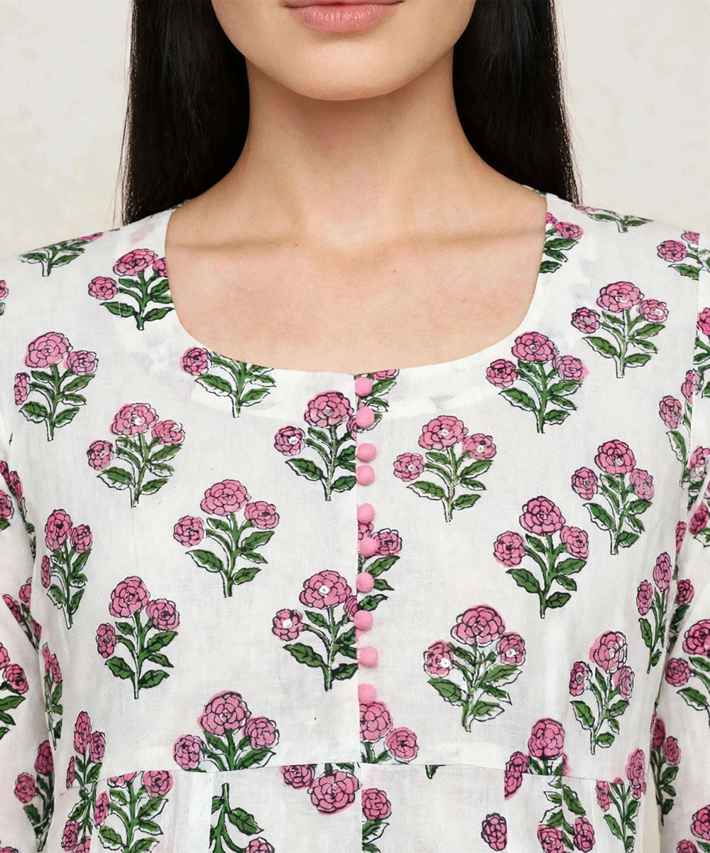Pink white hand block printed Anarkali cotton Kurta set