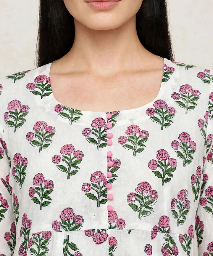 Pink white hand block printed Anarkali cotton Kurta set