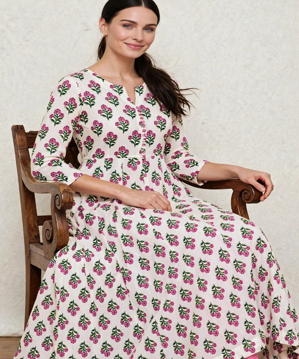 Pink white hand block printed Anarkali cotton Kurta set