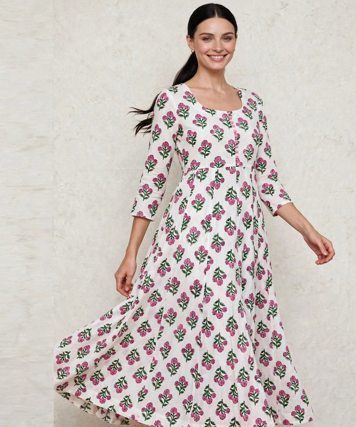 Pink white hand block printed Anarkali cotton Kurta set