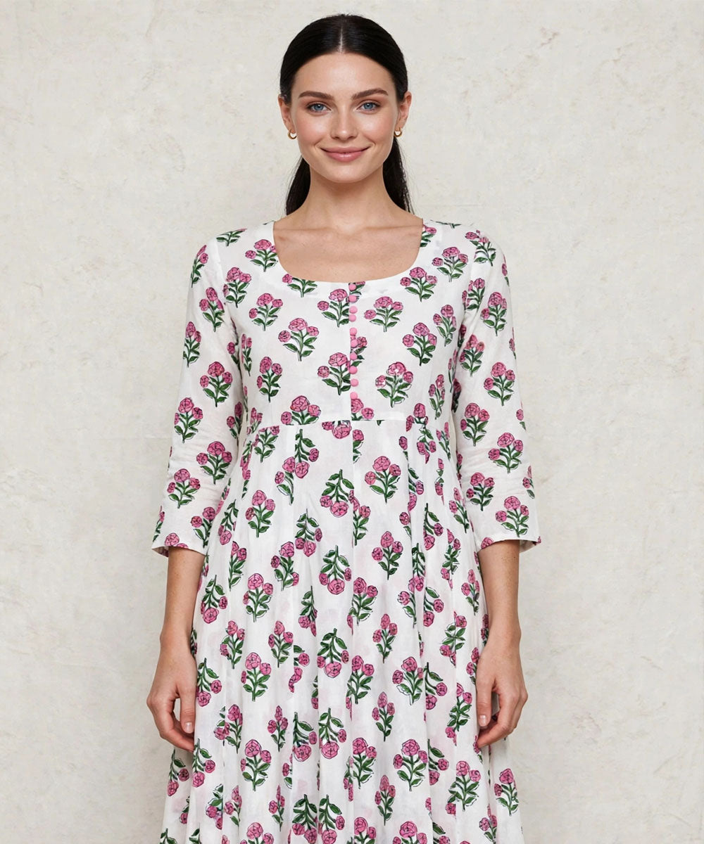 Pink white hand block printed Anarkali cotton Kurta set