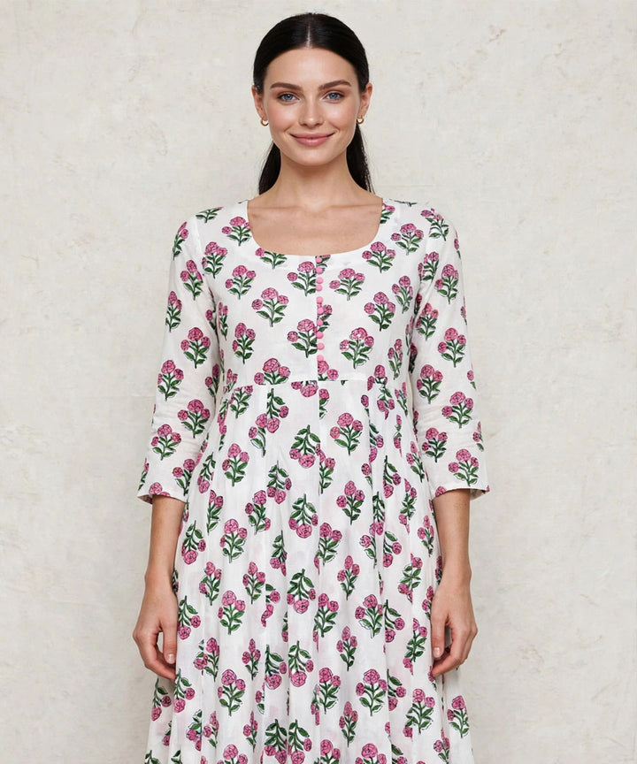 Pink white hand block printed Anarkali cotton Kurta set