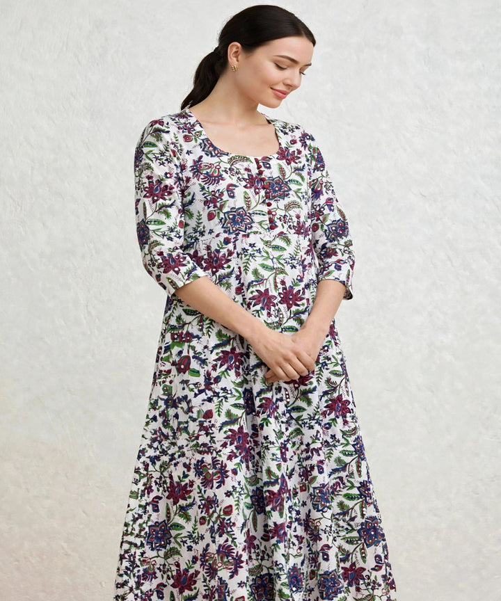 Marron white hand block printed Anarkali cotton Kurta set