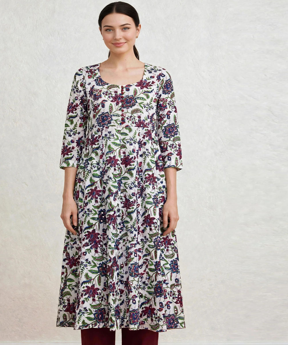 Marron white hand block printed Anarkali cotton Kurta set
