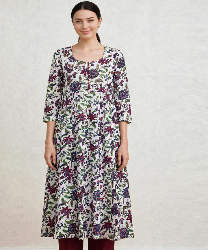 Marron white hand block printed Anarkali cotton Kurta set