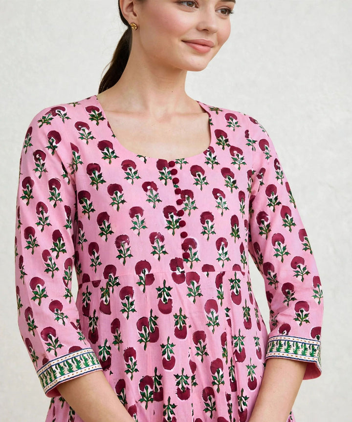 Peach and marron hand block printed Anarkali cotton Kurta set
