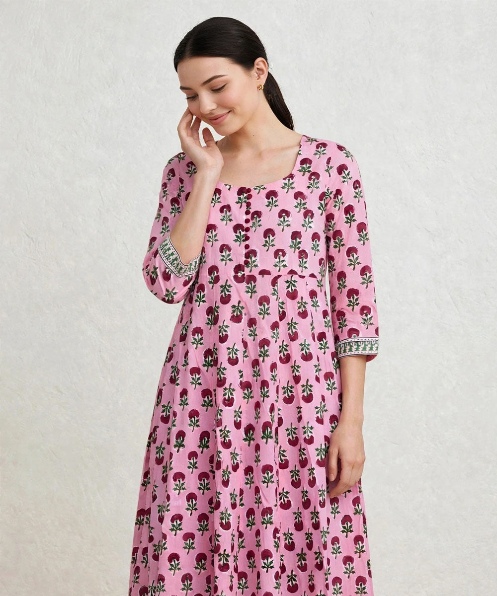 Peach and marron hand block printed Anarkali cotton Kurta set