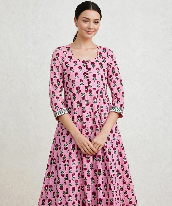 Peach and marron hand block printed Anarkali cotton Kurta set