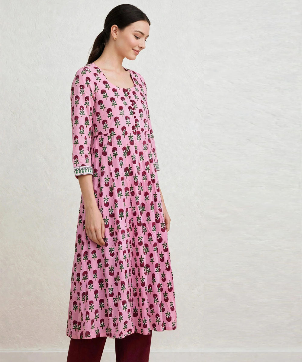 Peach and marron hand block printed Anarkali cotton Kurta set