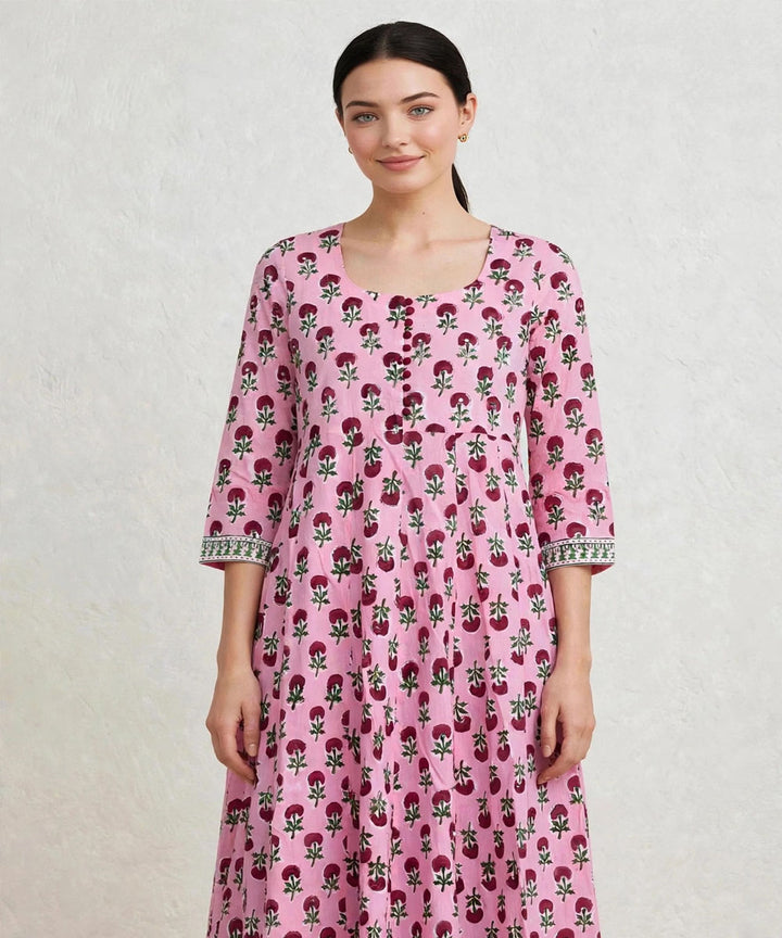 Peach and marron hand block printed Anarkali cotton Kurta set