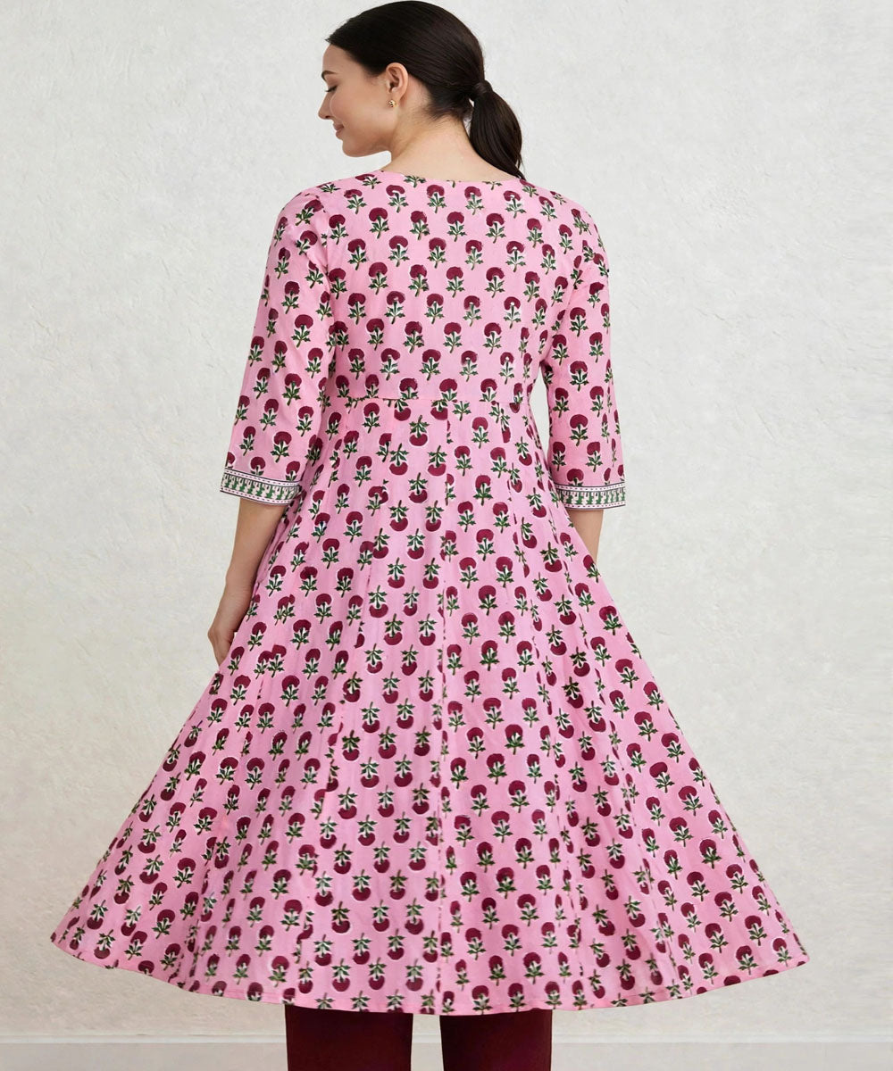 Peach and marron hand block printed Anarkali cotton Kurta set