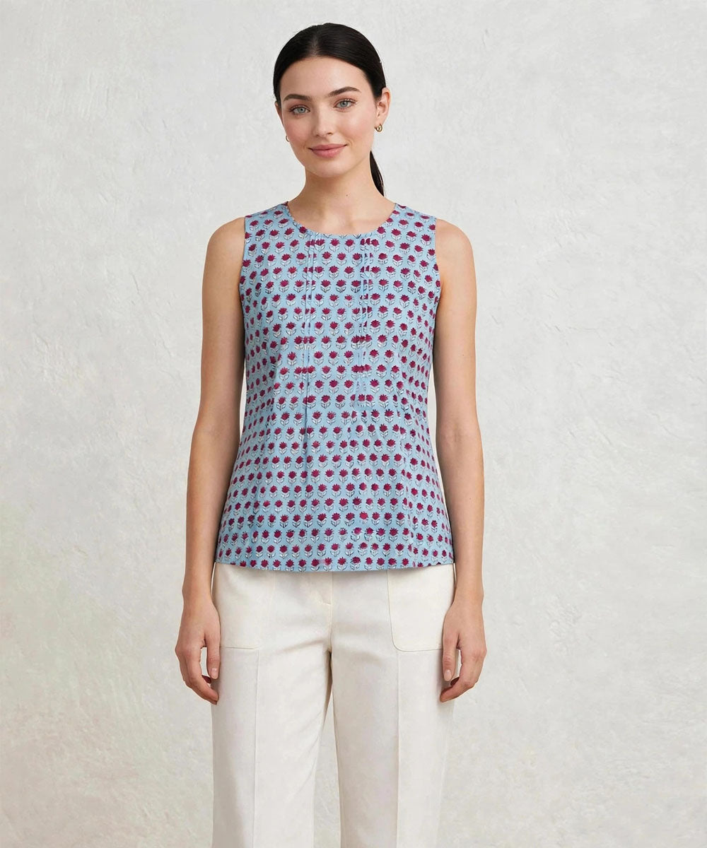 Aqua blue hand block printed cotton sleeveless top