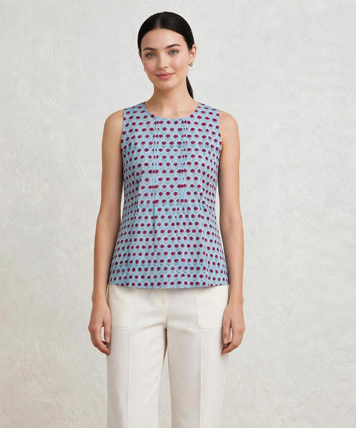 Aqua blue hand block printed cotton sleeveless top