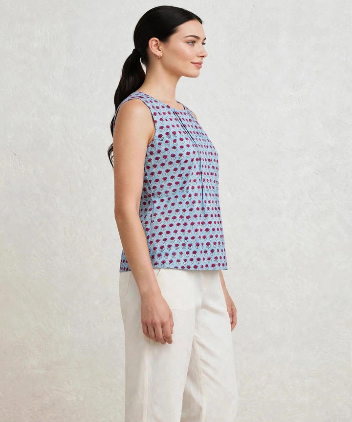 Aqua blue hand block printed cotton sleeveless top