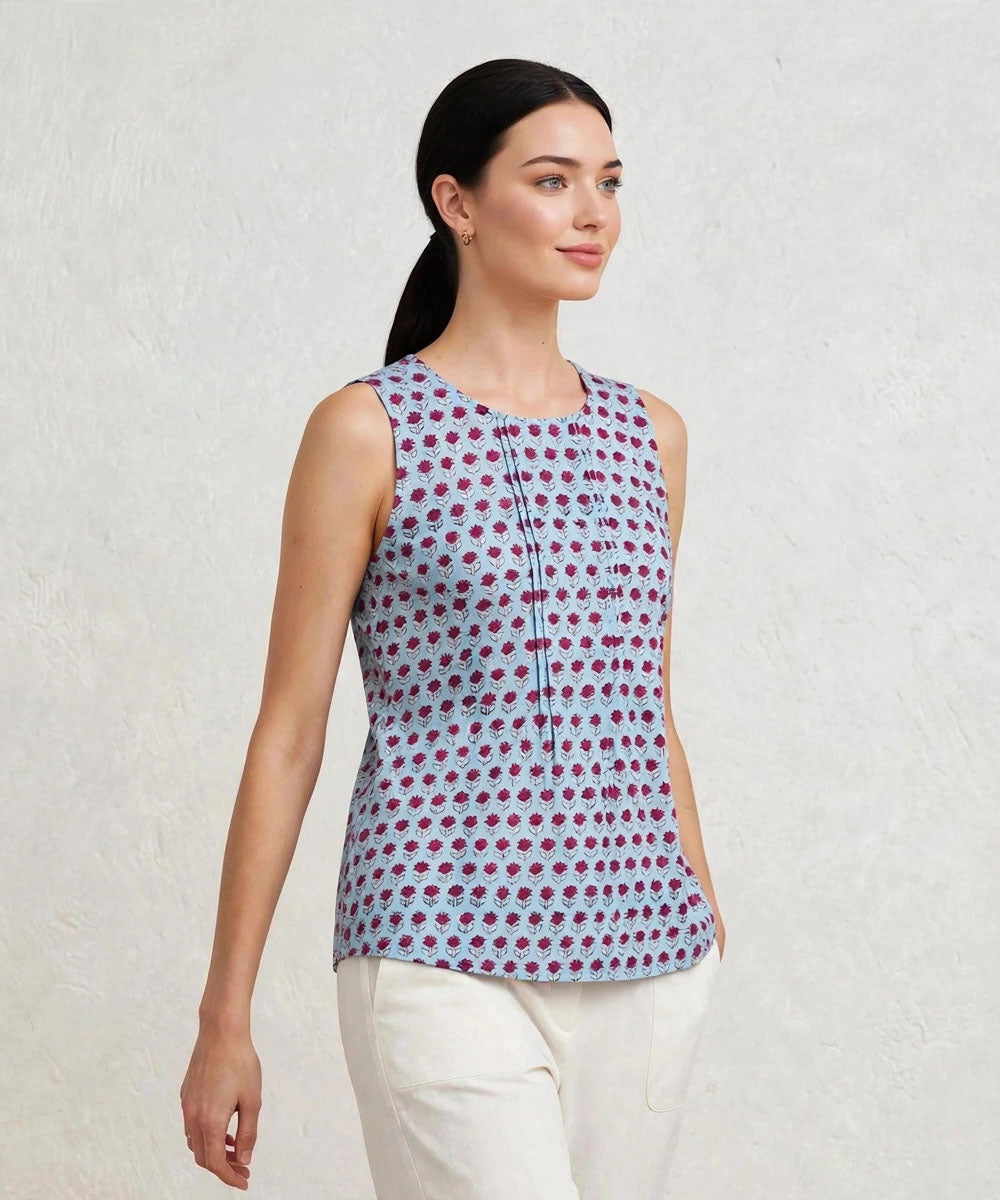 Aqua blue hand block printed cotton sleeveless top
