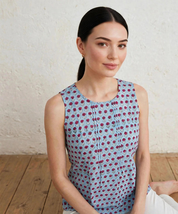 Aqua blue hand block printed cotton sleeveless top