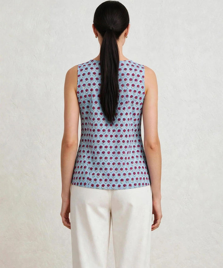 Aqua blue hand block printed cotton sleeveless top