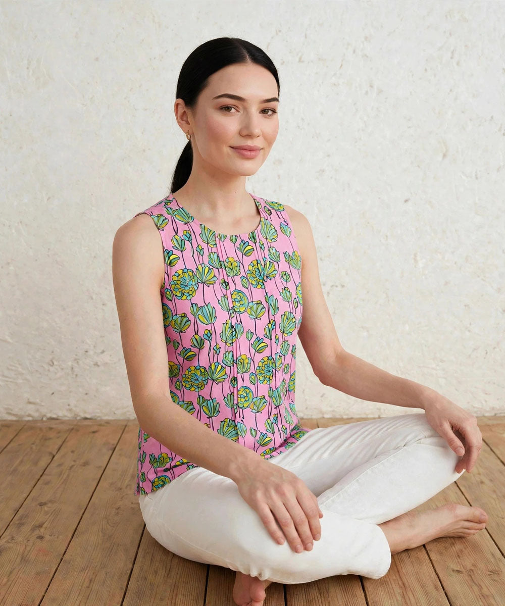 Pink floral hand block printed cotton sleevless top