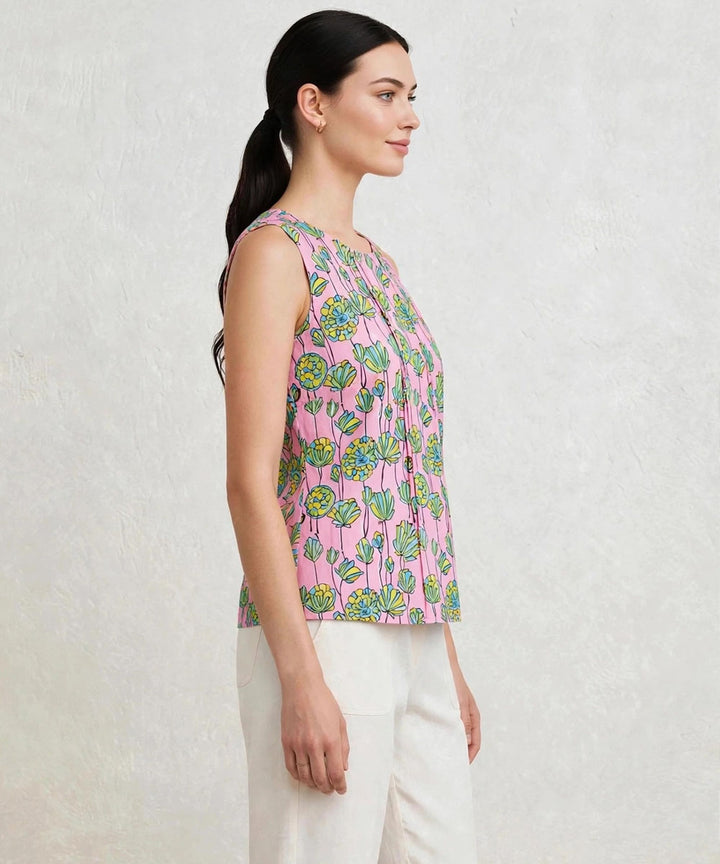 Pink floral hand block printed cotton sleevless top