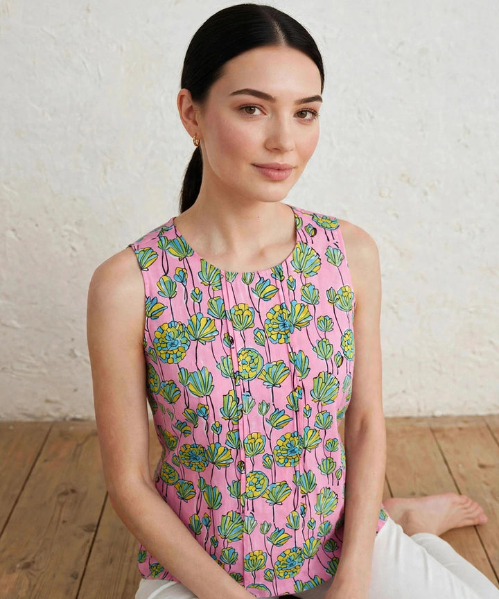 Pink floral hand block printed cotton sleevless top
