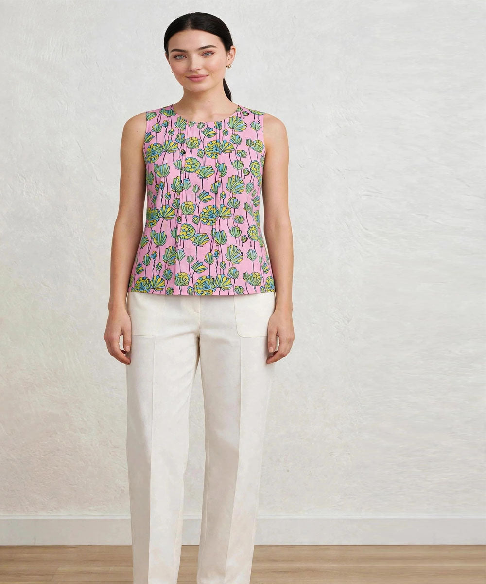 Pink floral hand block printed cotton sleevless top