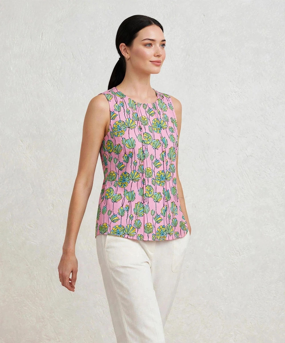 Pink floral hand block printed cotton sleevless top