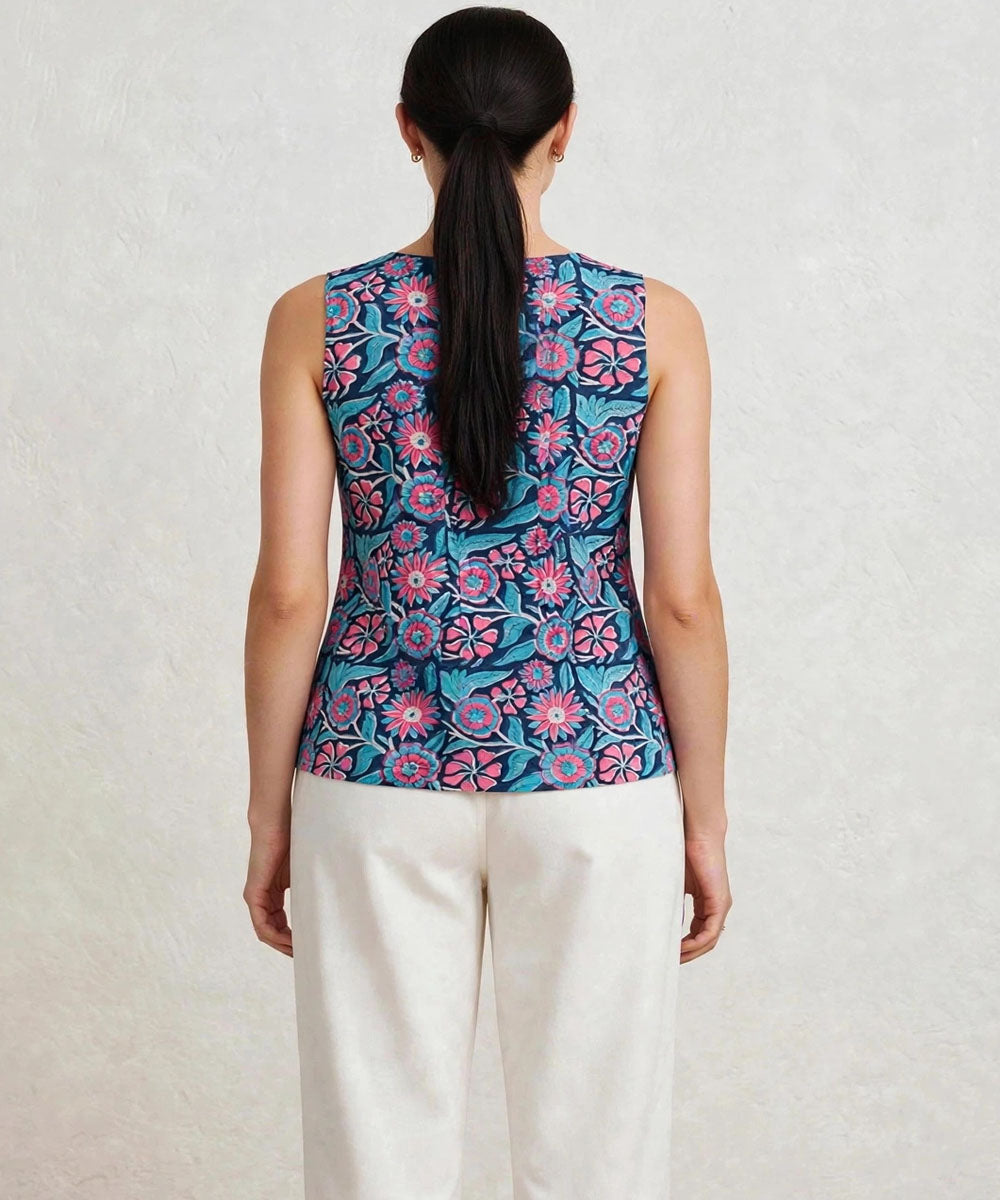 Blue floral hand block printed cotton sleevless top
