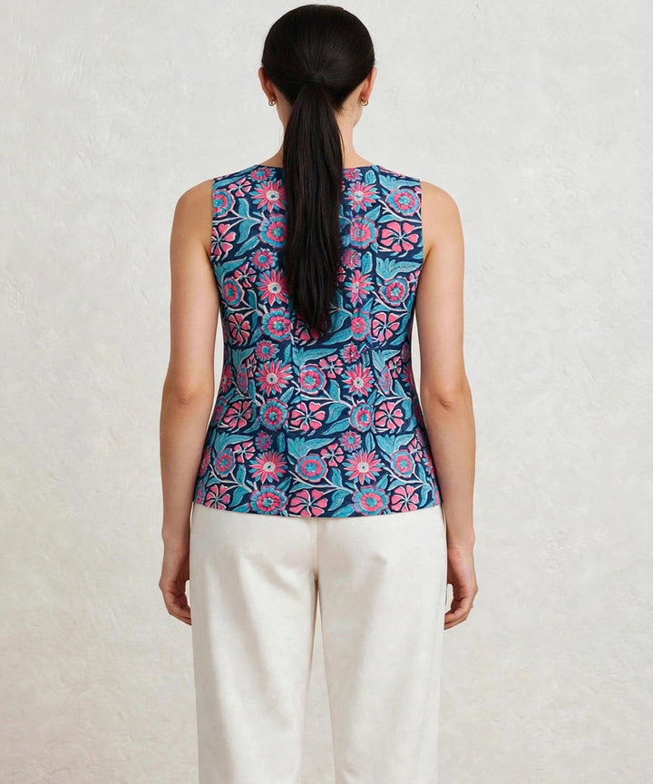 Blue floral hand block printed cotton sleevless top